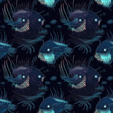 Téléchargez les photos : Fond sans couture de monstres d'eau profonde et de poissons sur un fond bleu foncé, avec des caractéristiques bioluminescentes. Style d'art surréaliste. - en image libre de droit