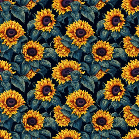 Abstract floral background. Seamless background of vibrant sunflowers on a dark background,  art style with a warm color.