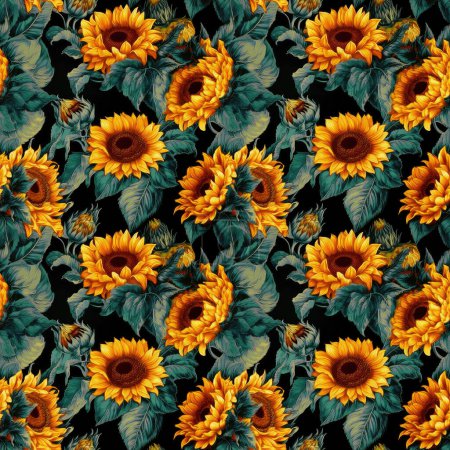 Photo for Abstract floral background. Seamless background of vibrant sunflowers on a dark background,  art style with a warm color. - Royalty Free Image