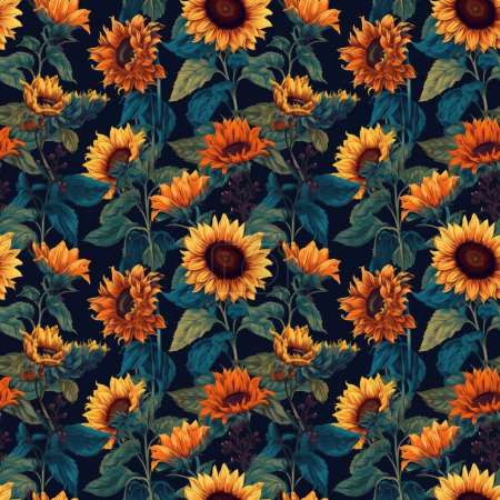 Abstract floral background. Seamless background of vibrant sunflowers on a dark background,  art style with a warm color.