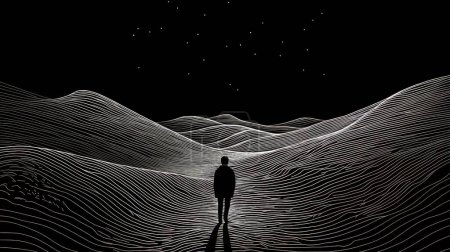 Einsamkeit. Abstraktes grafisches Bild einer einsamen menschlichen Figur auf dem Hintergrund einer stilisierten Landschaft mit Linien auf dunklem Hintergrund