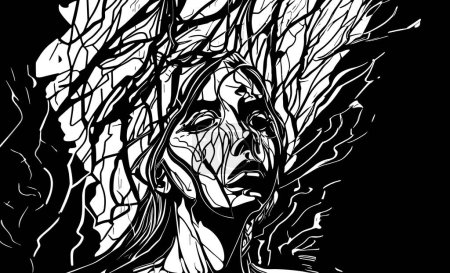 Mental health concept. Abstract graphic portrait of a young woman in a state of anxiety and depression, drawn with chaotic lines in line art style. Confused mind and chaotic thoughts