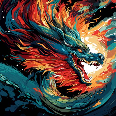 Illustration for A mystical being. A scary and terrible dragon in vector pop art style. Template for t-shirts, stickers and more. - Royalty Free Image