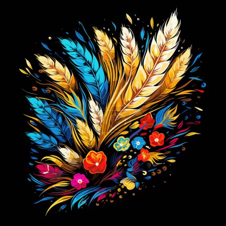 Wheat ears on wheat field in vector pop art style on black background. Template for t-shirt, sticker, logo, etc.