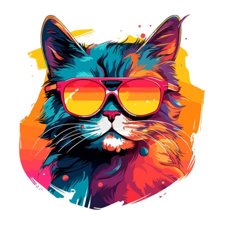 Téléchargez les illustrations : Portrait d'un chat avec des lunettes de soleil dans le style pop art vectoriel sur fond blanc. Modèle pour t-shirt, autocollant, etc.. - en licence libre de droit
