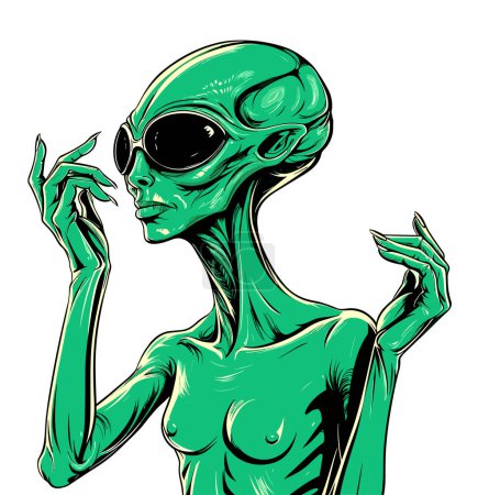 Retrato alienígena humanoide en estilo gráfico vectorial. Plantilla para camiseta, pegatina, etc..