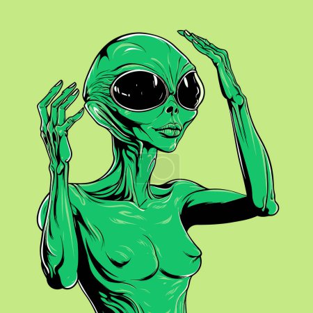 Ilustración de Retrato alienígena humanoide en estilo gráfico vectorial. Plantilla para camiseta, pegatina, etc.. - Imagen libre de derechos