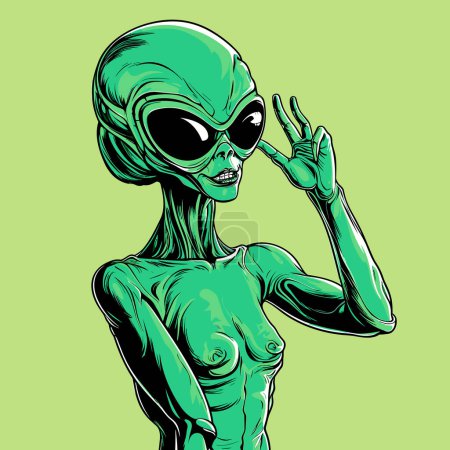 Ilustración de Retrato alienígena humanoide en estilo gráfico vectorial. Plantilla para camiseta, pegatina, etc.. - Imagen libre de derechos