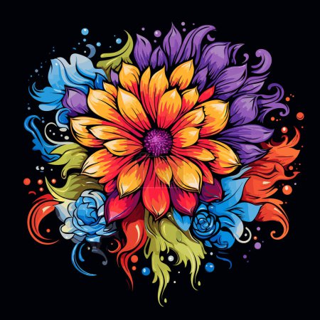 Explosión de flores. Coloridas flores tropicales mágicas aisladas sobre fondo negro en estilo de arte pop vectorial. Plantilla para camiseta, pegatina, etc..