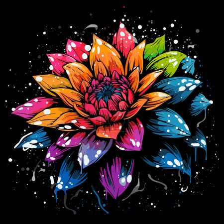 Flower Explosion. Colourful magical tropical flowers isolated on black background in vector pop art style. Template for t-shirt, sticker, etc.