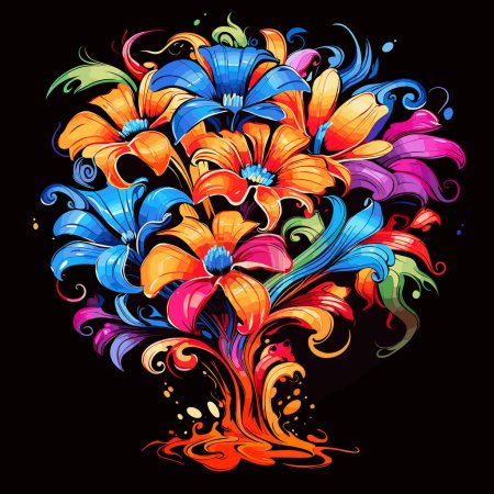 Ilustración de Explosión de flores. Coloridas flores tropicales mágicas aisladas sobre fondo negro en estilo de arte pop vectorial. Plantilla para camiseta, pegatina, etc.. - Imagen libre de derechos