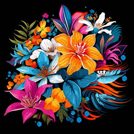 Flower Explosion. Colourful magical tropical flowers isolated on black background in vector pop art style. Template for t-shirt, sticker, etc.