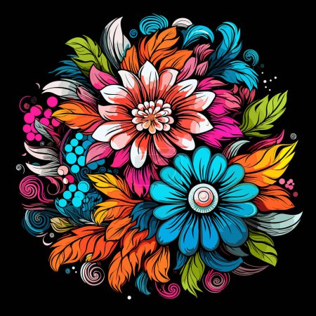 Ilustración de Explosión de flores. Coloridas flores tropicales mágicas aisladas sobre fondo negro en estilo de arte pop vectorial. Plantilla para camiseta, pegatina, etc.. - Imagen libre de derechos