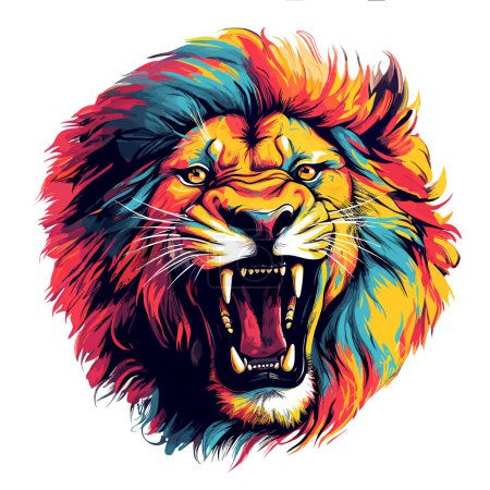 Téléchargez les illustrations : Le lion est le roi des bêtes. Portrait d'un lion méchant et majestueux dans un style pop art vectoriel coloré. Modèle pour t-shirt, autocollant, etc.. - en licence libre de droit