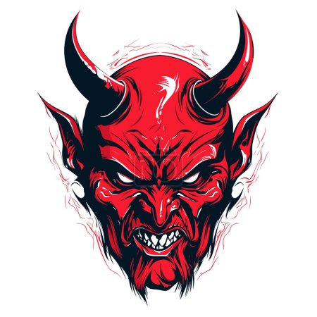 Illustration for Lord of Darkness. Grotesque portrait of the devil in vector line art style. Template for t-shirt, sticker, etc. - Royalty Free Image
