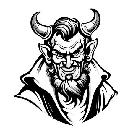 Señor de las Tinieblas. Retrato grotesco del diablo en estilo de arte de línea vectorial. Plantilla para camiseta, pegatina, etc..