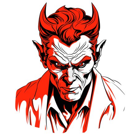 Illustration for Lord of Darkness. Grotesque portrait of the devil in vector line art style. Template for t-shirt, sticker, etc. - Royalty Free Image