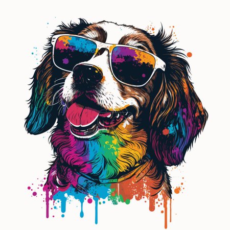 Happy dog. Cute and funny dog in sunglasses in vector pop art style. Template for T-shirt, sticker, etc. isolated illustration. Drawing.