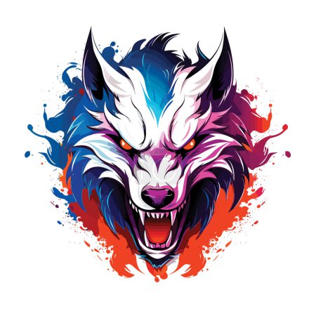 Illustration for The grin of a wild beast. Isolated closeup portrait of evil and scary wolf with open jaws in vector art style. Mythical creature of werewolf. Template for t-shirt, sticker, etc. - Royalty Free Image