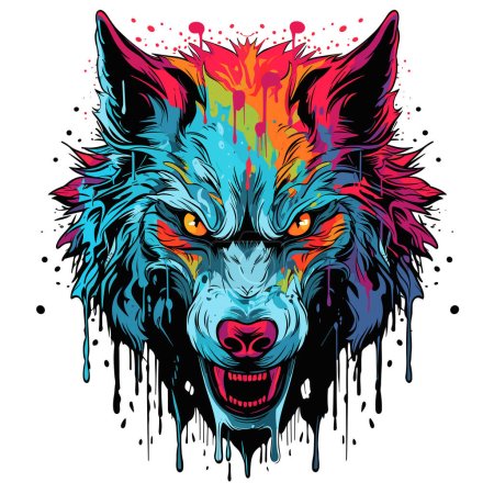 The grin of a wild beast. Isolated closeup portrait of evil and scary wolf with open jaws in vector art style. Mythical creature of werewolf. Template for t-shirt, sticker, etc.