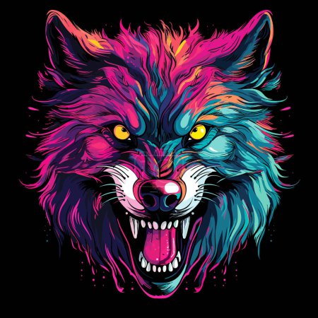 Illustration for The grin of a wild beast. Isolated closeup portrait of evil and scary wolf with open jaws in vector art style. Mythical creature of werewolf. Template for t-shirt, sticker, etc. - Royalty Free Image