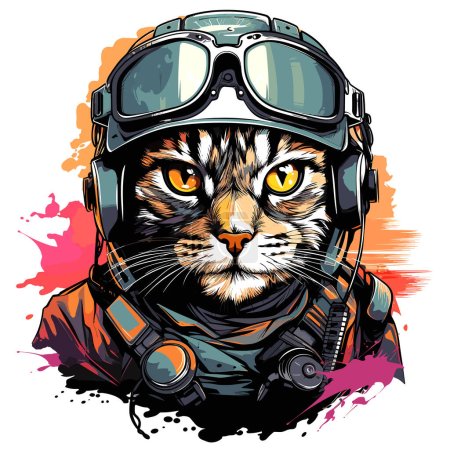 Illustration for Cat in military headdress and military uniform isolated on white background in vector pop art style. Template for T-shirt, sticker, poster, etc. - Royalty Free Image