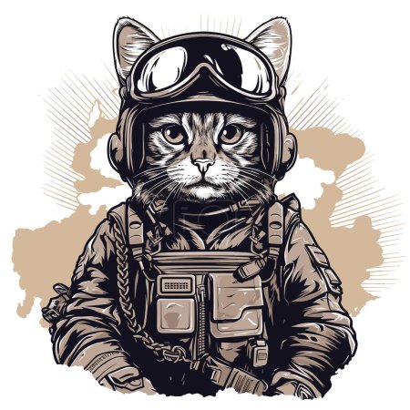 Cat in military headdress and military uniform isolated on white background in vector pop art style. Template for T-shirt, sticker, poster, etc.