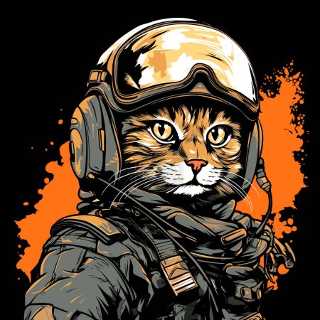 Cat in military headdress and military uniform isolated on black background in vector pop art style. Template for T-shirt, sticker, poster, etc.