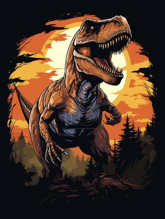 Ilustración de Jurassic World. Retrato de dinosaurio Tyrannosaurus rex en estilo de arte pop vectorial. Plantilla para póster, camiseta, pegatina, etc.. - Imagen libre de derechos