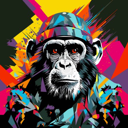 Monkey soldier of fortune. Chimpanzee in military uniform in vector pop art style. Template for poster, t-shirt, sticker, etc.