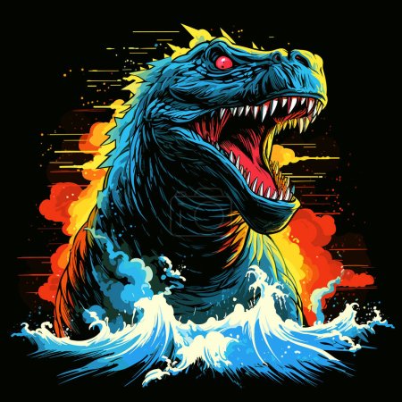 Huge, scary mystical prehistoric monster emerged from the sea waves in vector pop art style. Template for poster, t-shirt, sticker
