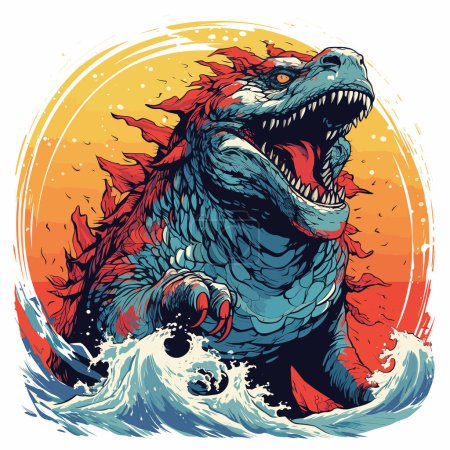 Enorme, monstruo prehistórico místico miedo emergió de las olas del mar en el estilo de arte pop vector. Plantilla para póster, camiseta, pegatina