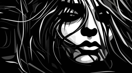 Illustration for Mental Health Concept. Loneliness and depression in young generation of people. Abstract graphic portrait of a young woman in a state of depression in vector art style. - Royalty Free Image