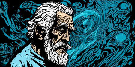 Ältere Menschen und psychische Gesundheit. Alter und Einsamkeit. Graphisches Porträt eines demenzkranken alten Mannes und Alzheimers im Vektor-Pop-Art-Stil