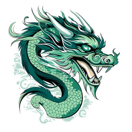 Ilustración de Dragón chino de madera verde Símbolo de 2024 en estilo de arte vectorial. Plantilla para camiseta, pegatina, póster, etc.. - Imagen libre de derechos