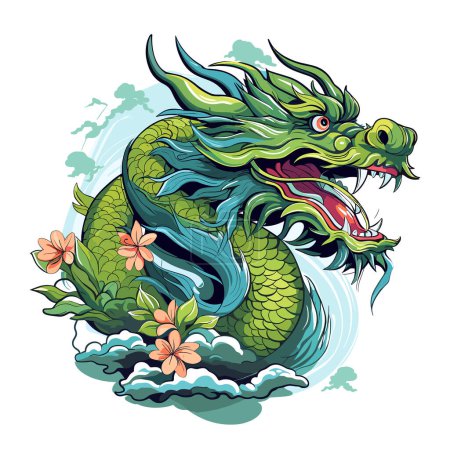 Grüner hölzerner chinesischer Drache Symbol von 2024 im Vektorkunst-Stil. Vorlage für T-Shirt, Aufkleber, Poster usw..