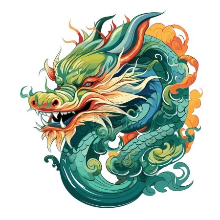 Dragón chino de madera verde Símbolo de 2024 en estilo de arte vectorial. Plantilla para camiseta, pegatina, póster, etc..
