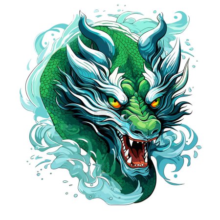 Ilustración de Dragón chino de madera verde Símbolo de 2024 en estilo de arte vectorial. Plantilla para camiseta, pegatina, póster, etc.. - Imagen libre de derechos
