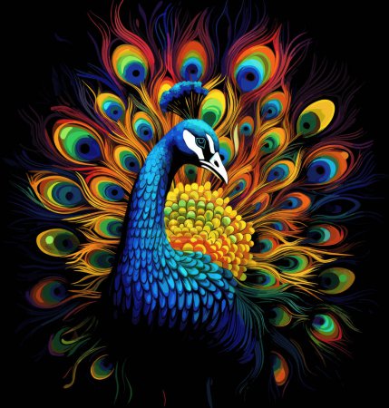 Ilustración de Retrato de un hermoso pavo real con las plumas de su cola dispuestas libremente en un patrón intrincado y colorido en un estilo de arte vectorial decorativo sobre un fondo negro. - Imagen libre de derechos