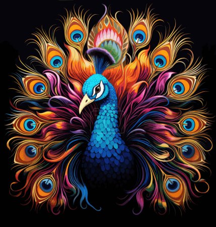 Ilustración de Retrato de un hermoso pavo real con las plumas de su cola dispuestas libremente en un patrón intrincado y colorido en un estilo de arte vectorial decorativo sobre un fondo negro. - Imagen libre de derechos