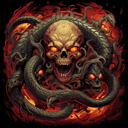 El cráneo de un diablo con una serpiente. Ilustración mística en estilo de arte pop vectorial. Plantilla para impresión de camiseta, pegatina, póster, etc..