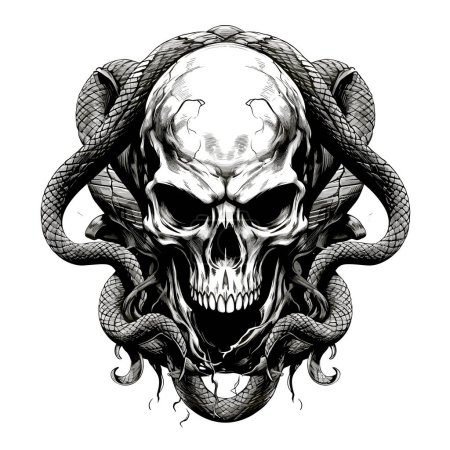 El cráneo de un diablo con una serpiente. Ilustración mística en estilo de arte pop vectorial. Plantilla para impresión de camiseta, pegatina, póster, etc..