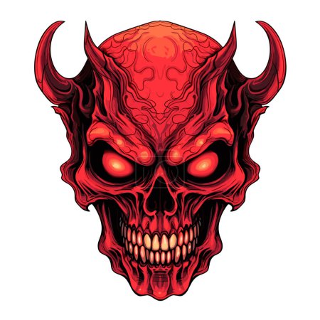 El cráneo de un diablo. Ilustración mística en estilo de arte pop vectorial. Plantilla para impresión de camiseta, pegatina, póster, etc..