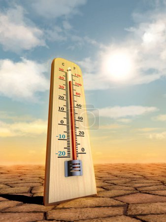 Hausse des températures causée par le réchauffement climatique. Illustration numérique, rendu 3D.