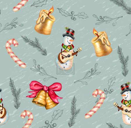 Foto de Patrón navideño con decoraciones dibujadas a mano que incluyen muñecos de nieve, velas, bastones de azúcar y campanas. La ilustración digital. - Imagen libre de derechos