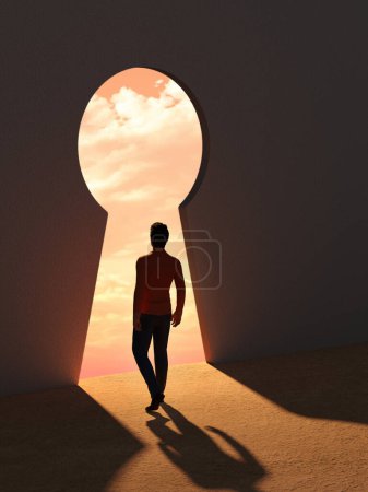 Foto de Puerta con cerradura que conduce a un paisaje nublado naranja brillante. Ilustración digital, representación 3D. - Imagen libre de derechos