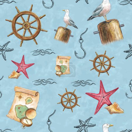 Foto de Patrón de temática náutica con elementos dibujados a mano que incluyen una gaviota, estrellas de mar, mapa antiguo y brújula, rueda del timón y otros objetos decorativos. La ilustración digital. - Imagen libre de derechos
