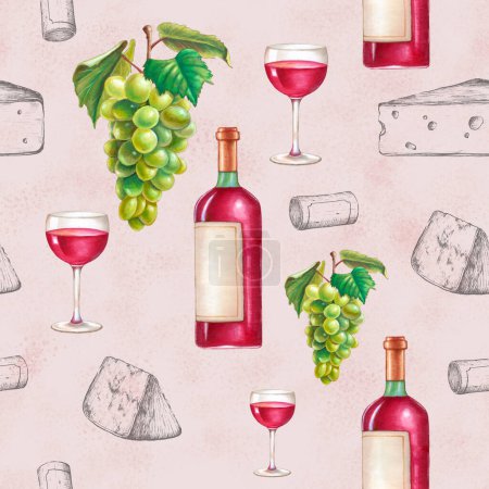 Foto de Patrón temático del vino con botella, copa, uvas, queso y corchos. Ilustración digital con elementos dibujados a mano. - Imagen libre de derechos