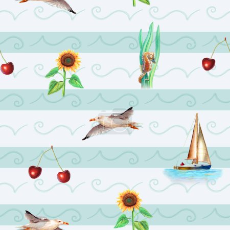 Foto de Summer themed pattern with sunflower, seahorse, seagull, sailboat and some cherries. Digital illustration with hand-drawn elements. - Imagen libre de derechos