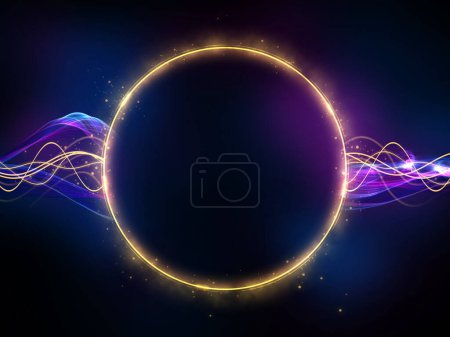 Dunkler Hintergrund mit einem leuchtenden Kreis, Funkeln und einigen welligen Lichteffekten. Digitale Illustration.
